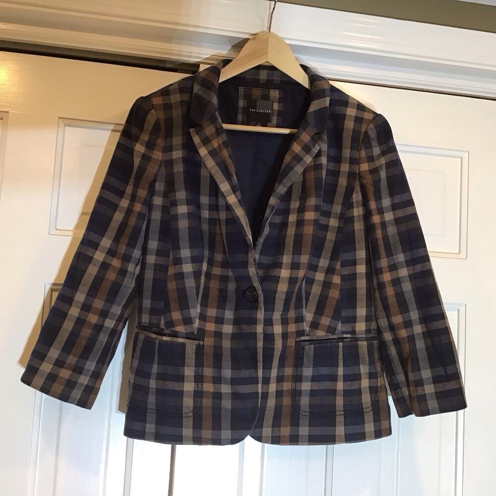 The Limited 100% Cotton Plaid Tweed Women Blazer Sz L Preppy Acedemia Office